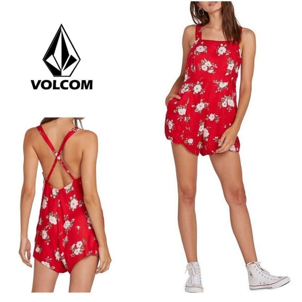 New Volcom Red Floral Romper Size S